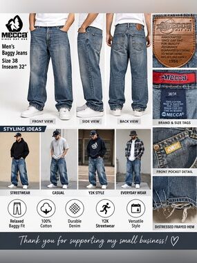 MECCA Men’s Distressed Baggy Jeans Size 38 x 32 Blue Y2K Hip Hop Frayed Hem